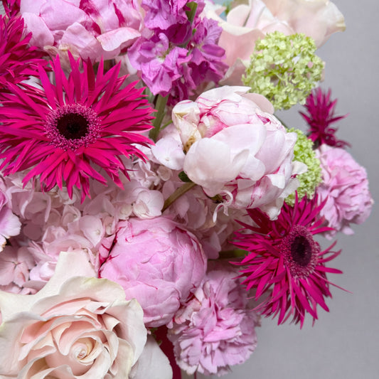 Compositionof pink and purple flowers on a light gray background