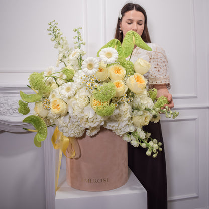 Woman holdingan overflowing luxury velvet hatbox with white hydrangeas, yellow garden roses, gerbera, viburnum, chamomile, delphinium, and green anthurium — statement flower arrangement London by AMEROSE
