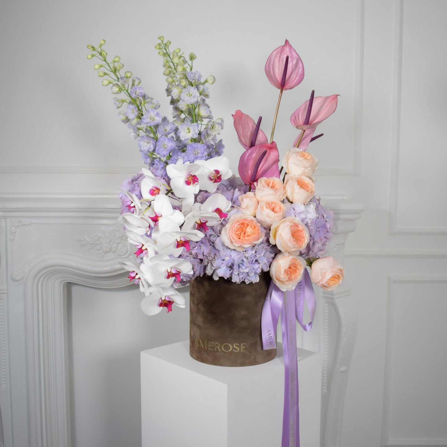AMEROSE Lavender Dream luxury hatbox arrangement with lilac hydrangeas, David Austin roses and pink anthuriums