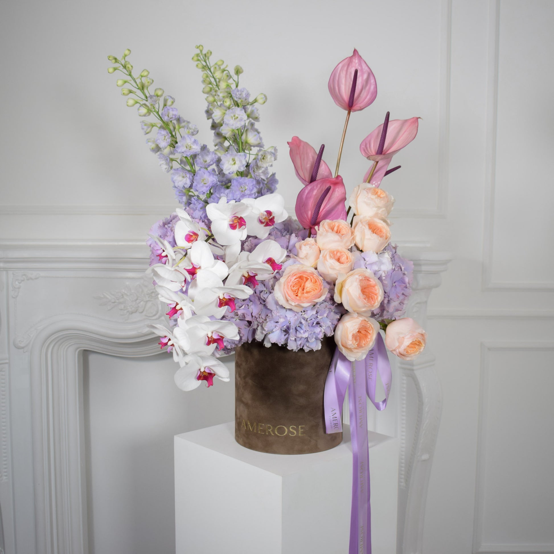 AMEROSE Lavender Dream luxury hatbox arrangement with lilac hydrangeas, David Austin roses and pink anthuriums