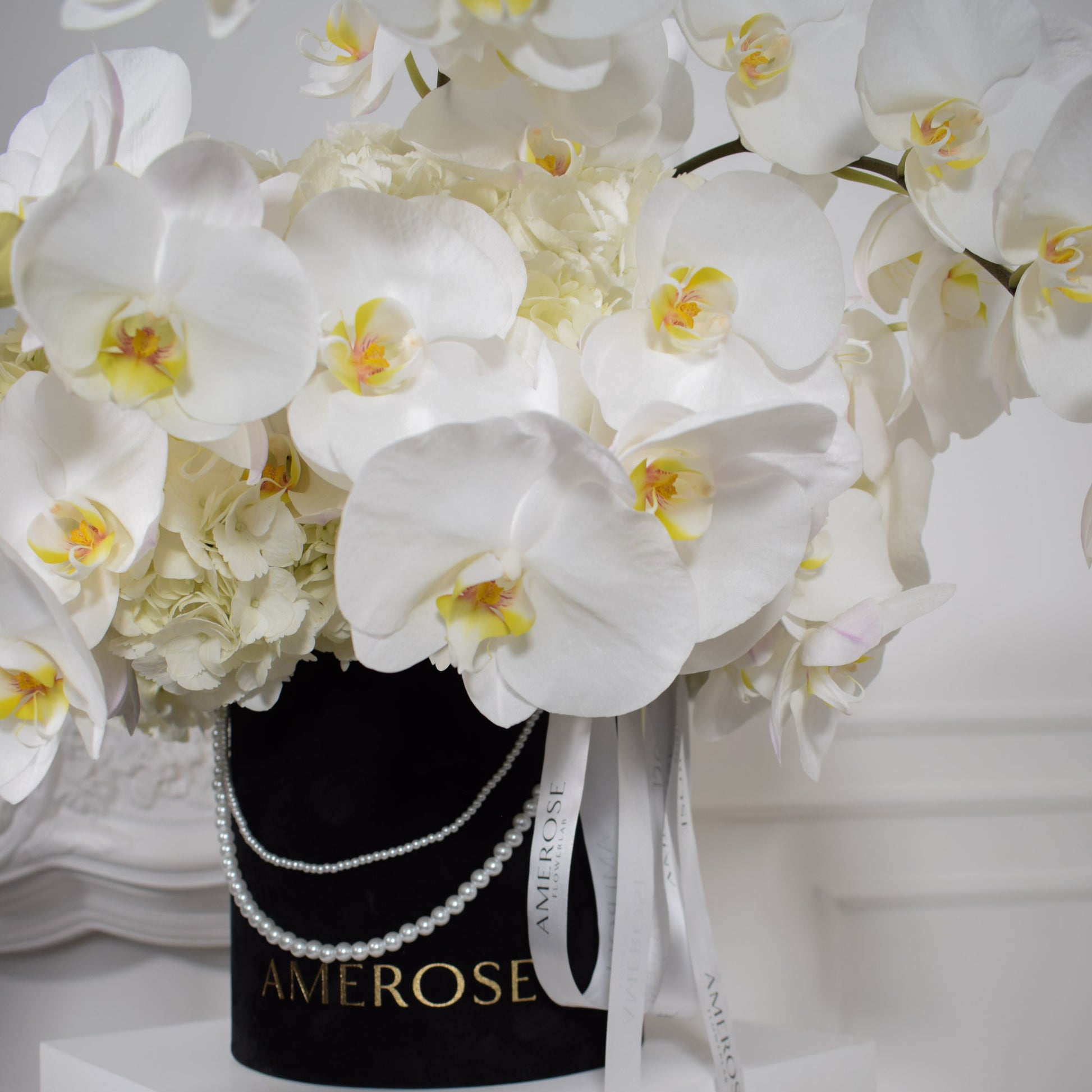 Close-up of white phalaenopsis orchids cascading over black AMEROSE velvet hatbox with pearl necklace detail
