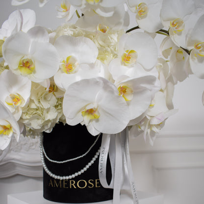 Close-up of white phalaenopsis orchids cascading over black AMEROSE velvet hatbox with pearl necklace detail
