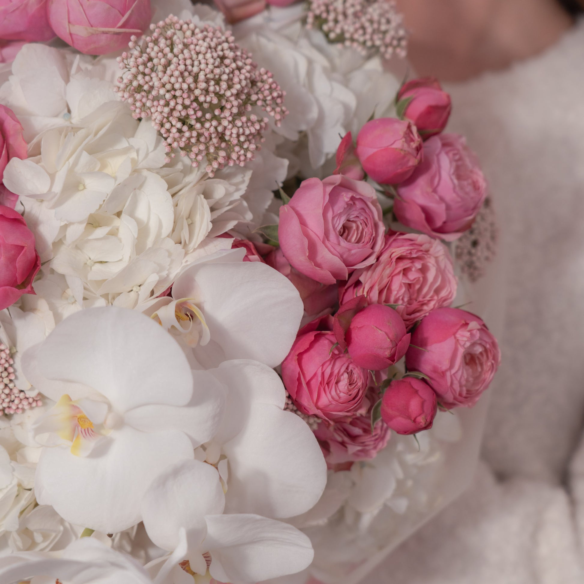Close-up of hot pink spray roses in tight bud, white phalaenopsis orchids, white hydrangeas and ozothamus— luxury pink bouquet detail by AMEROSE London