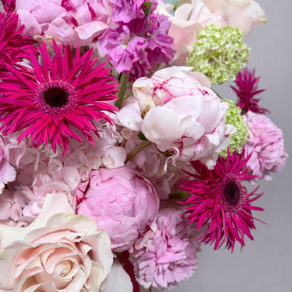 Compositionof pink and purple flowers on a light gray background