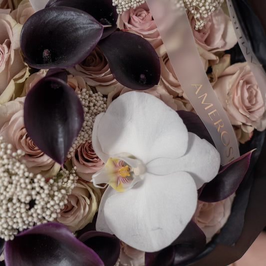 Close-up of deep purple black calla lilies, nude roses, white phalaenopsis orchid and blush rice flowers with AMEROSE ribbon — luxury dark bouquet detail London